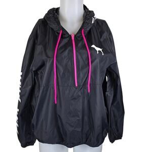 Victoria Secret Pink Black Large Logo Pockets Hooded Rain Packable Jacket M